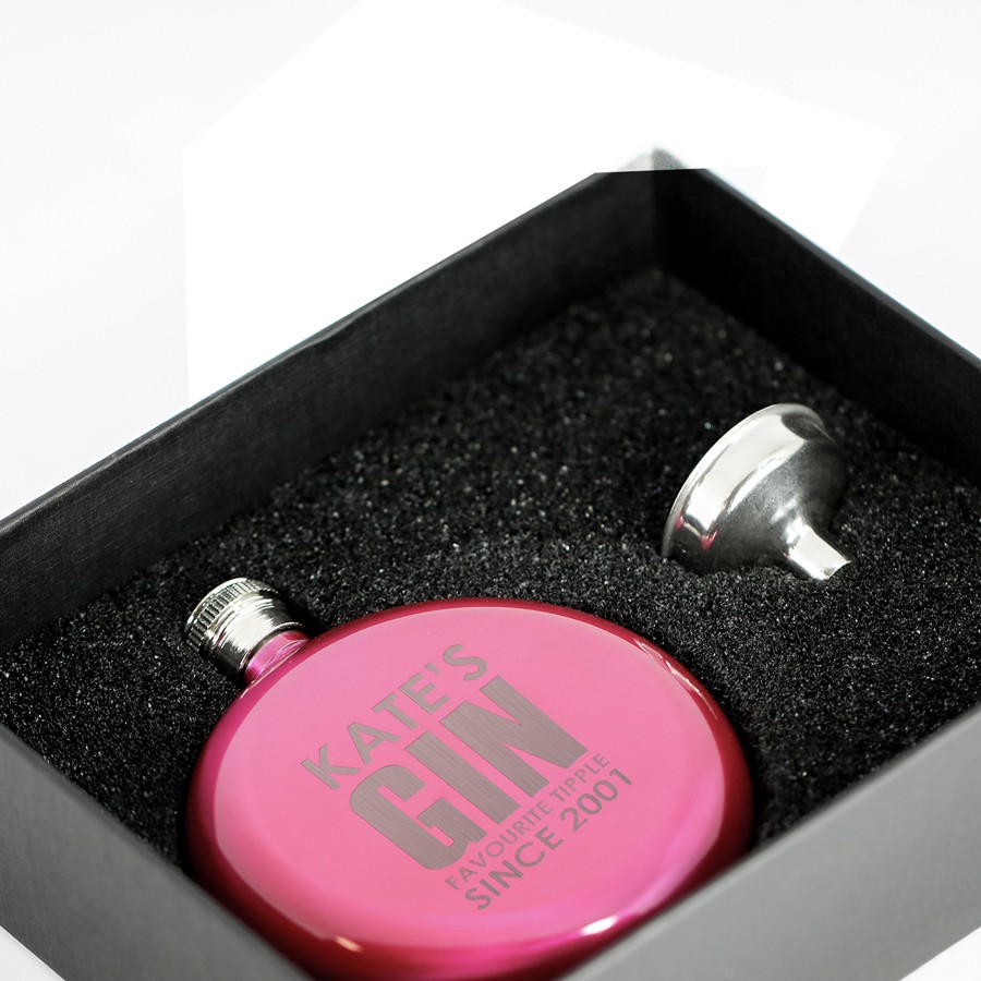 Personalised Round Pink Hip Flask – Gin Love